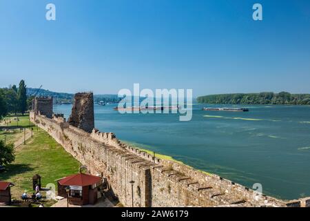 Muro difensivo sul Danubio, Fortezza di Smederevo, città fortificata medievale a Smederevo, distretto di Podunavlje, Serbia Foto Stock