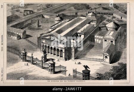 1861 , FIRENZE, ITALIA : il Palazzo DELL'ESPOSIZIONE NAZIONALE a FIRENZE vista aerea . (Oggi STAZIONE LEOPOLDA ) Foto Stock