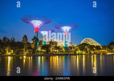 Singapore, Singapore - 6 febbraio 2020: Scenario di giardini vicino alla baia con Flower Dome, Cloud Forest e Supertree Grove alla baia del porto turistico di notte Foto Stock