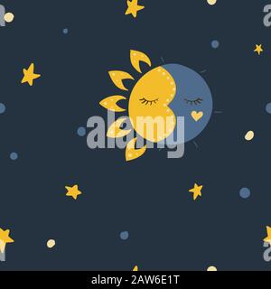 Dormire sole e luna. Stelle nel cielo. Illustrazione del vettore. Sfondo del motivo senza interruzioni. Illustrazione Vettoriale