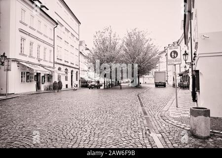 La mattina presto di primavera su Na Kampě, Malá strana in bianco e nero un viale di alberi in una piazza in un'ampia strada acciottolata incorniciata da condomini Foto Stock