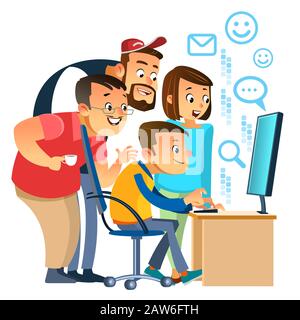 Professionisti aziendali. Gruppo di persone che analizzano i dati utilizzando il computer in ufficio. Persone che aiutano uno dei loro colleghi. Lavoro di squadra. Vettore Illustrazione Vettoriale