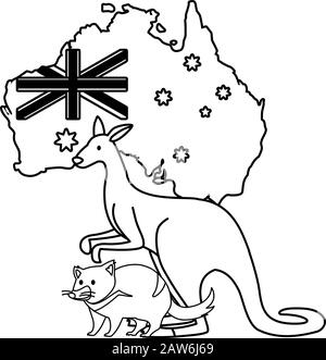 kangaroo e tasmanian devil con mappa dell'australia in background disegno vettoriale illustrazione Illustrazione Vettoriale