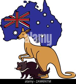 kangaroo e tasmanian devil con mappa dell'australia in background disegno vettoriale illustrazione Illustrazione Vettoriale