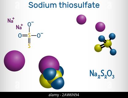 Tiosolfato di sodio, tiosolfato di sodio, molecola Na2S2O3. Viene usato per trattare l'avvelenamento da cianuro, la pitiriasis versicolor e per ridurre gli effetti collaterali Illustrazione Vettoriale