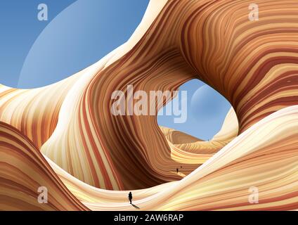 Un'illustrazione vettoriale di un'arte antilope. I Viaggiatori camminano su un pianeta alieno che la sua geologia simile al canyon antilope. Illustrazione Vettoriale