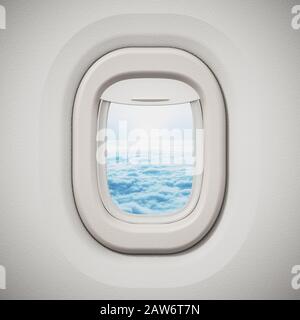 Finestra dell'aeroplano che guarda attraverso le nuvole. Figura 3D. Foto Stock