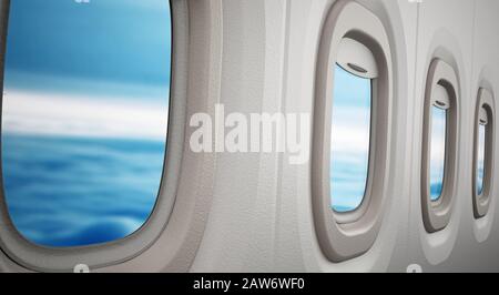 Finestre di aeroplano che guardano attraverso le nuvole. Figura 3D. Foto Stock