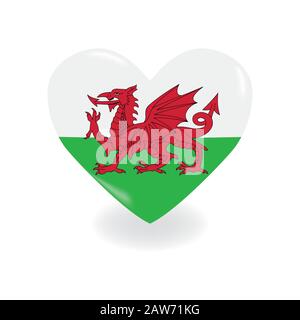 Heart with Wales flag on a white background casts a shadow, vector Illustrazione Vettoriale