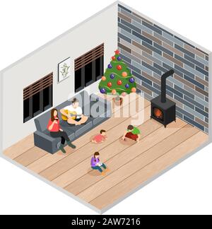 Illustrazione isometrica vettoriale di una famiglia caucasica con tre bambini a casa a Natale Illustrazione Vettoriale