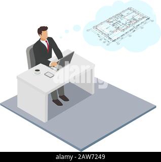 Architetto isometrico vettoriale seduto alla scrivania in ufficio e pensando alla disposizione del piano privato della casa Illustrazione Vettoriale