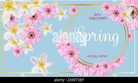 GRANDE VENDITA. Banner per sconti e promozioni pubblicitarie. Sconti di primavera. Design luminoso. Fiori su uno sfondo chiaro. Illustrazione Vettoriale