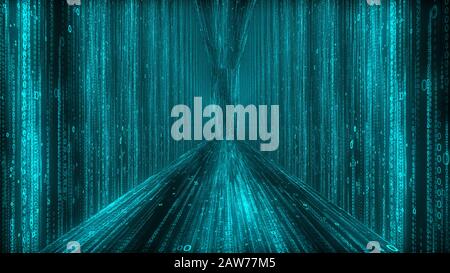 Futuristico rendering 3d di un tunnel a matrice con un corridoio rettangolare che serve come un portale digitale nel cyberspazio nero. Sembra fantascientifico, tecnologico Foto Stock