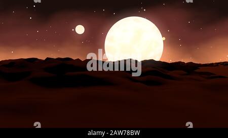 Ispirando il rendering 3d di Marte con dune sabbiose ondulate e due lune che illuminano la superficie dal cielo marrone scuro pieno di stelle luminose. Foto Stock