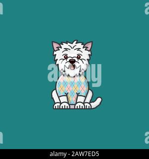 Simpatico personaggio West Highland White Terrier con motivo Argyle sul disegno a colori maglione. Cani di razza pura e di tradizionale abbigliamento scozzese sy Illustrazione Vettoriale