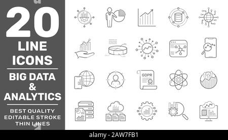 Analisi dei dati, big data, statistiche, analisi - insieme minimo di icone web su linea sottile. Traccia Modificabile. EPS 10 Illustrazione Vettoriale