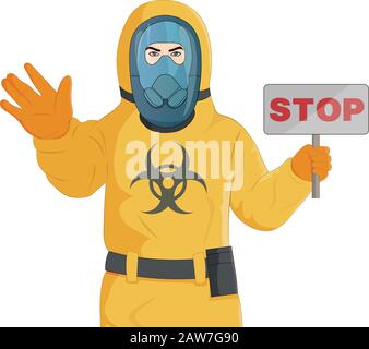 Uomo In Costume Protettivo Giallo E Maschera Di Gas In Piedi Con Stop Sign Illustrazione Vettoriale