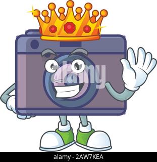 Un abbagliante di retro fotocamera stilizzato di King su cartoon mascotte design Illustrazione Vettoriale