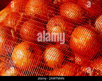 cipolle da cucina dorate e fresche, confezionate in sacco di plastica di vinile arancio alla luce del giorno. ingredienti organici e sano concetto di cottura. buccia di cipolla. Foto Stock