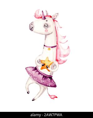 Isolato dipinto a mano cute acquerello unicorno clipart. Illustrazione unicorni dipinti a mano nella stanza dei bambini. Poster unicorni Princess. Cavallo di cartone animato rosa alla moda. Foto Stock