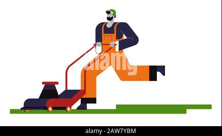 Giardiniere con tosaerba taglio erba, carattere isolato Illustrazione Vettoriale