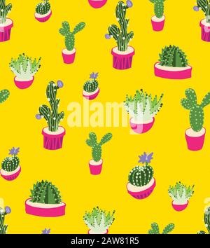 Motivo ripetitivo senza cuciture con cactus su sfondo giallo. Illustrazione Vettoriale