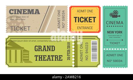 Biglietti per il teatro e il cinema, ingresso o pass, riproduzione e film Illustrazione Vettoriale
