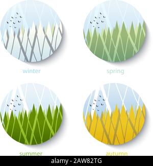 Quattro stagioni tondo paesaggio icone vettoriali illustrazioni in basso stile poligono. Illustrazione Vettoriale