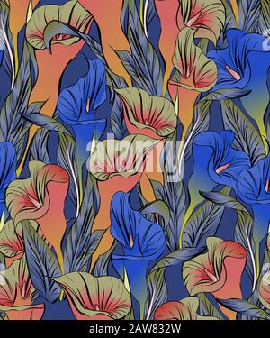 incredibilmente bello, succoso, luminoso, motivo vettoriale con fiori tropicali - gigli di calla. Illustrazione Vettoriale