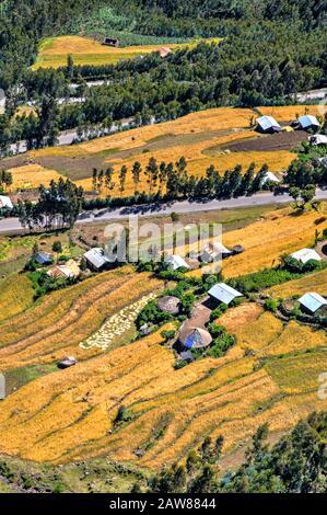 Vista sulla campagna etiope dall'alto - campi e case Foto Stock