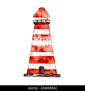 Vivaio Watercolor rosso e bianco faro torre Un unico oggetto simbolo di speranza, affidabilità, aiuto, consapevolezza, sicurezza, romanticismo. Acquarello a mano Foto Stock