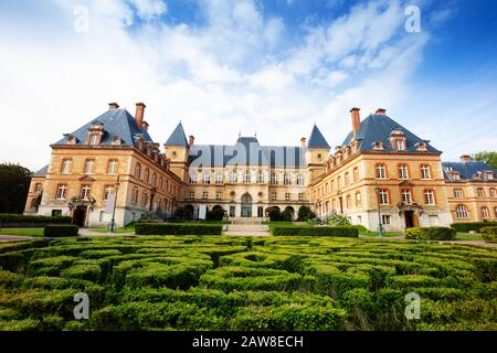 CITE Universitaire International University Paris, giardino e labirinto di cespugli sopra gli edifici del campus Foto Stock