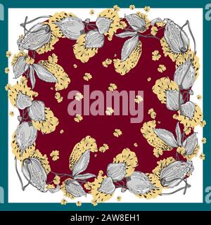 Delicati colori della sciarpa di seta con asclepias siriaca fiorita. Rosso, giallo e bianco. Illustrazione Vettoriale