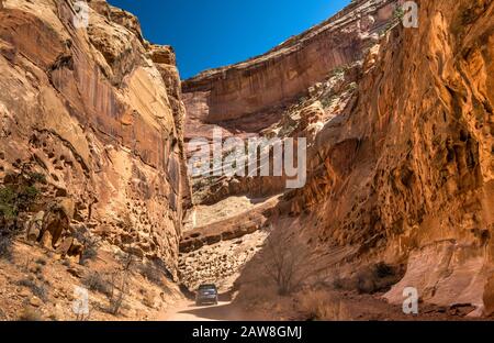 Scogliere su strada sterrata a Capitol Gorge, canyon in Capitol Reef National Park, Colorado Plateau, Utah, Stati Uniti Foto Stock