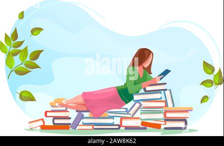 Ragazza lettura, relax su pile di libri in primavera sfondo. Design di concetto di lettura di amore. Bella natura verde estate con carattere piatto. Moderna scheda vettoriale per web design, sfondo bianco isolato. Illustrazione Vettoriale