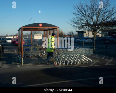 Collezione di carrelli supermercato nel parcheggio Foto Stock