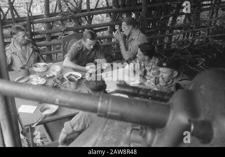 Ispezione Tour gene. Maj. Dürst Britt 3rd Brigata di fanteria a Garut [uomini di Squadron Vechtwagens KNIL durante una pausa per la cena] Data: 23 ottobre 1947 Ubicazione: Indonesia Indie Orientali olandesi Foto Stock