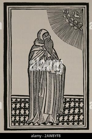 Ramon Lullo (1235-1316). Scrittore e filosofo spagnolo. Ritratto dell'autore secondo l'edizione Apostrophe Raimundi, 1504. Foto Stock