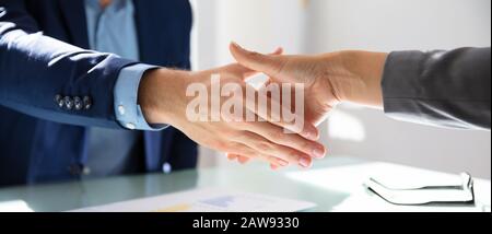 Vista Laterale Dell'Uomo D'Affari Scuotendo Le Mani Con Il Suo Partner Over Desk Foto Stock