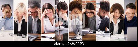 Persone Stressate Al Lavoro Collage. Gruppo Di Persone Diverse Ritratti Foto Stock
