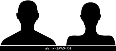 Avatar anonimo di viso maschile e femminile. Incognito uomo e donna testa silhouette. Illustrazione Vettoriale