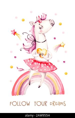 Illustrazione del vivaio acquerello con unicorno e arcobaleno. Baby doccia, biglietto d'auguri. Cute sfondo. Amore magico fantasia animale. Sery print. Grafico Foto Stock