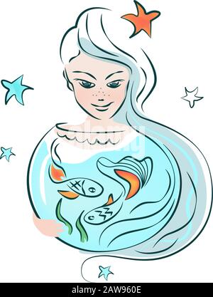 Ragazza con capelli lunghi e un acquario con oro, pesce rosso. Una donna fa un desiderio, sogni. Zodiac segno Pesci. Illustrazione, concetto, logo, banne verticale Illustrazione Vettoriale