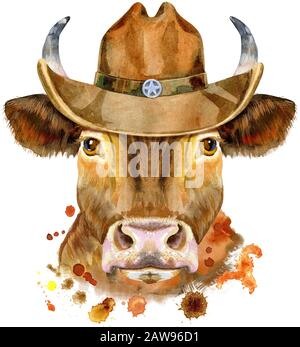 Illustrazione acquerello di un toro rosso in un cappello da cowboy Foto Stock