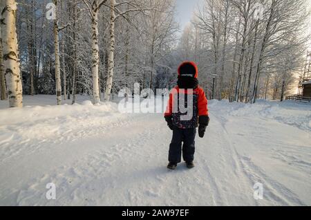 Toddler nella foresta di neve. Avventura, una passeggiata nel parco invernale Foto Stock