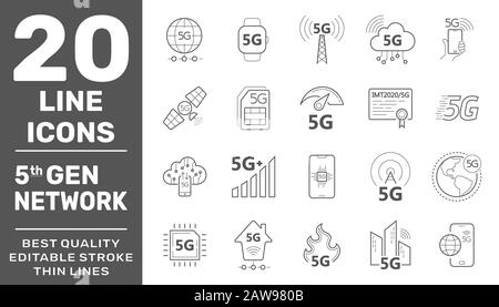 Set di icone della linea Internet 5G. Internet mobile safety wireless 5g signal telecommunication nuovi simboli vettoriali tecnologici. Traccia Modificabile. EPS 10 Illustrazione Vettoriale