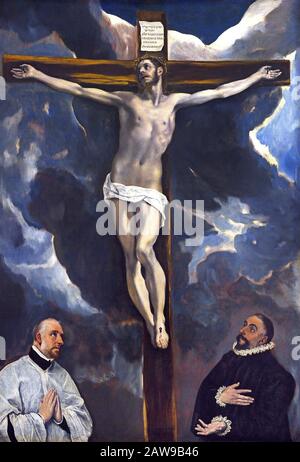 Cristo sulla Croce adorato da due Donatori 1580 El Greco (Domenikos Theotokópoulos) 1541-1614, 17th, secolo, Spagna, spagnolo, greco, Grecia. Foto Stock