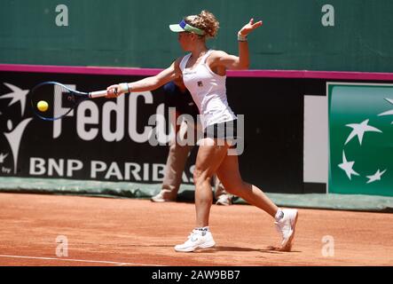 07 Febbraio 2020, Brasile, Florianópolis: Tennis, Signore: Fed Cup - Qualification Round, Qualification, Brasile - Germania, Pereira (Bra) Vs Siegemund (Ger). Il tennista tedesco Laura Siegemund suona una prefazione. Foto: Diorgeni Pandini/Dpa Foto Stock