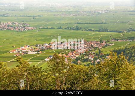 Regione Suedliche Weinstrasse (strada del vino meridionale) - villaggio chiamato Weyher in der Pfalz - veduta aerea dalla rovina Rietburg Foto Stock