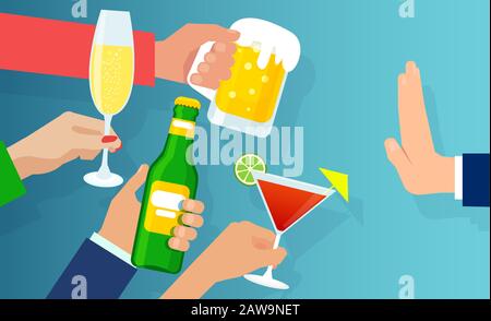 Nessun concetto di alcool. Vettore di un uomo rifiutato offerto bicchiere di alcol di vino, birra o cocktail Illustrazione Vettoriale